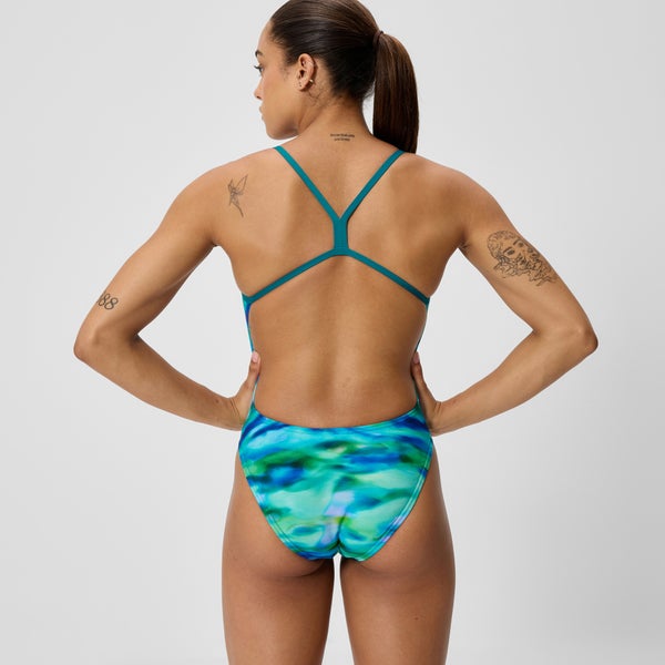 Speedo Women's Club Training Printed V-Back 2.0 One Piece Green/Blue