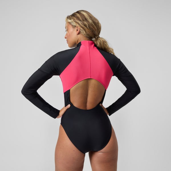 Speedo Women's Colorblock Long Sleeve Zip Swimsuit Black/Red
