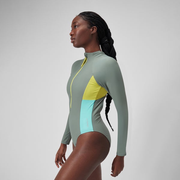 Speedo Women's Long Sleeve Colorblock Zip One Piece Green