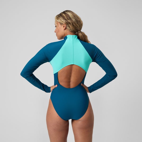 Speedo Women's Long Sleeve Zip Colorblock One Piece Blue/Gray