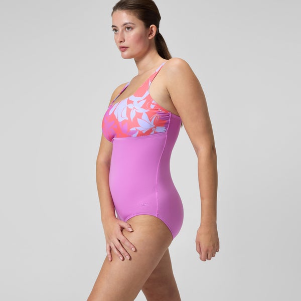 Speedo Women's Print Blocked Square Neck One Piece Pink/Orange
