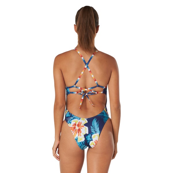 Speedo Women's Printed Double Lace Back One Piece Blue