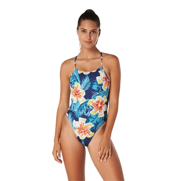 speedo Women's Printed Double Lace Back One Piece Blue