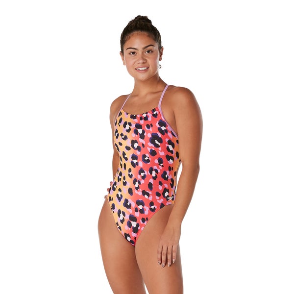 speedo Women's Printed Double Lace Back One Piece Red