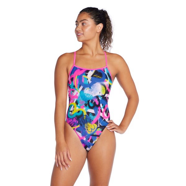 speedo Women's Printed Tri Back One Piece Blue/Pink