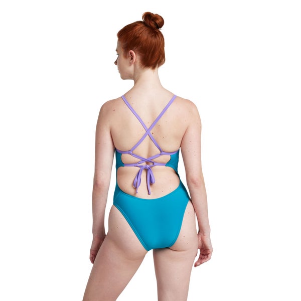 Speedo Women's Solid Double Lace Back One Piece Turquoise