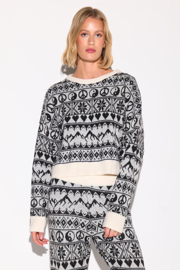 spiritual gangster Icon Fairisle Diamond Sweater WINTER WHITE