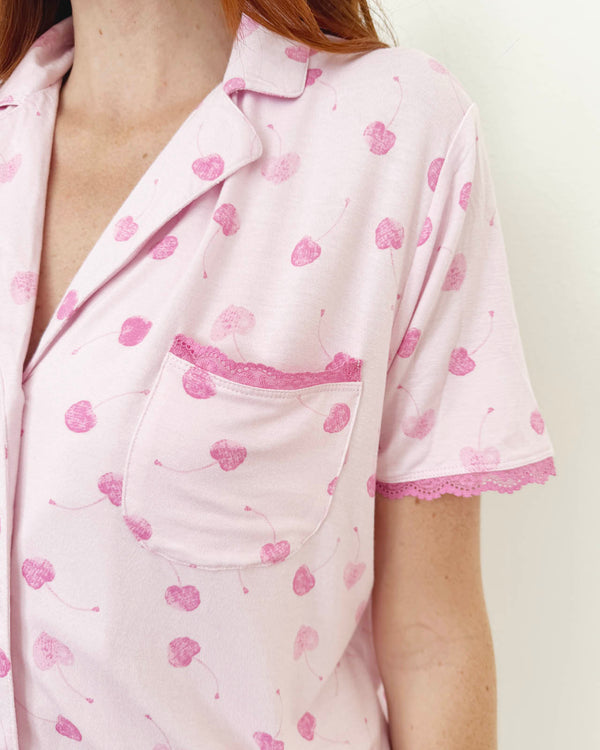 Splendid Cherry Heart Notch Collar And Short Sleep Set