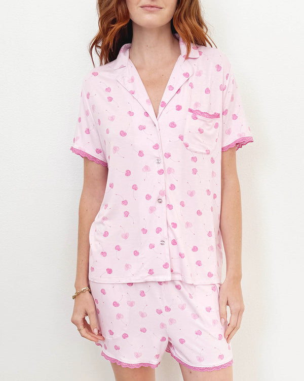 Splendid Cherry Heart Notch Collar And Short Sleep Set
