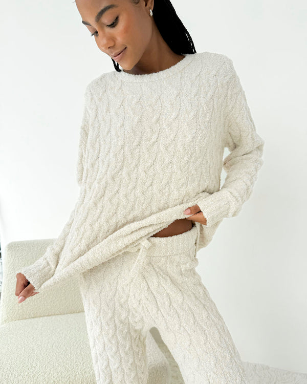 Splendid Oat Heather Fuzzy Cable Knit Sweater PJ Set