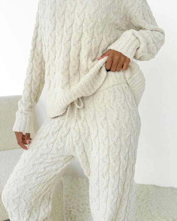 Splendid Oat Heather Fuzzy Cable Knit Sweater PJ Set