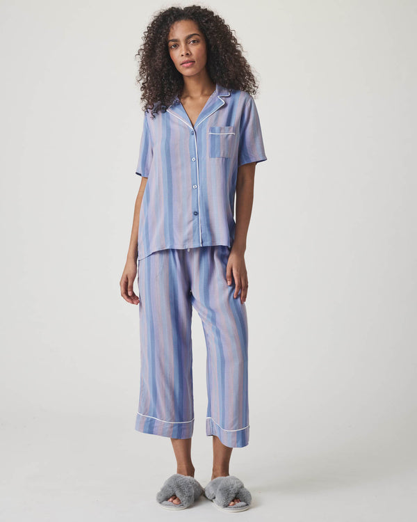 splendid Slate Stripe Notch Collar and Crop Pant Sleep Set