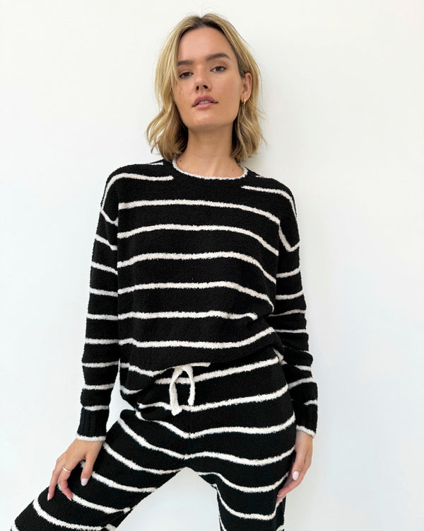 Splendid Black And Oat Stripe Fuzzy Sweater PJ Set