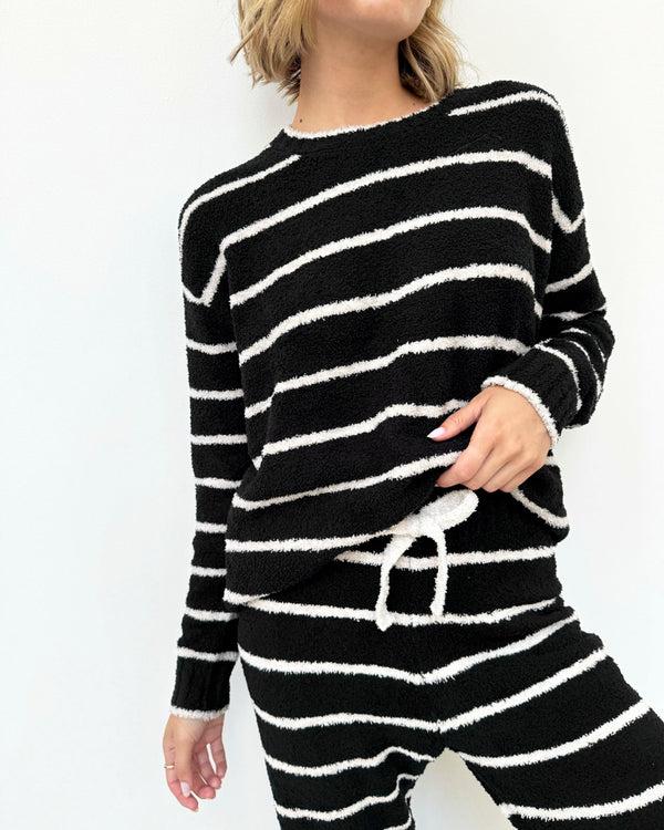 Splendid Black And Oat Stripe Fuzzy Sweater PJ Set