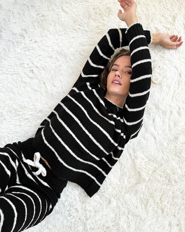 Splendid Black And Oat Stripe Fuzzy Sweater PJ Set