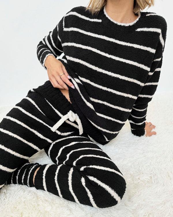 splendid Black and Oat Stripe Fuzzy Sweater PJ Set