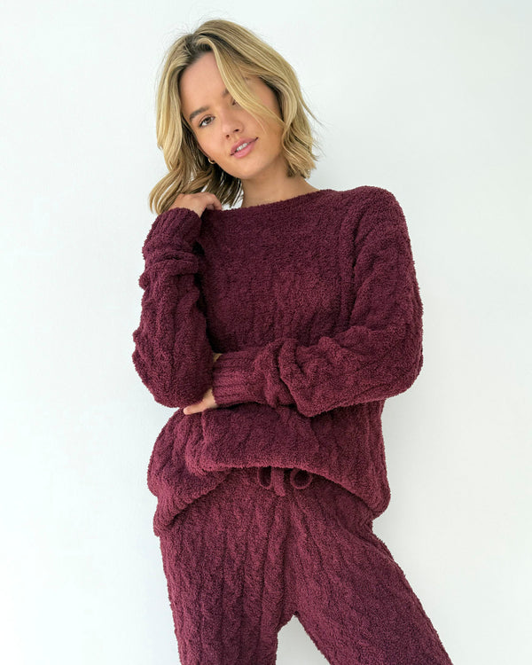 Splendid Merlot Fuzzy Cable Knit Sweater PJ Set