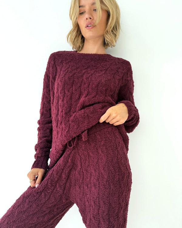 Splendid Merlot Fuzzy Cable Knit Sweater PJ Set