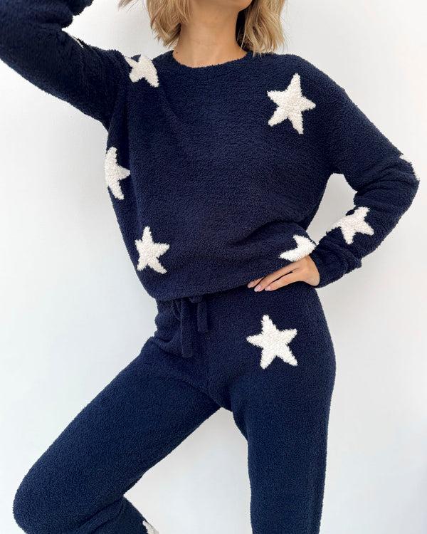 Splendid Navy Oat Stars Fuzzy Sweater PJ Set