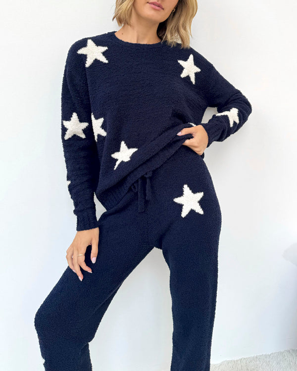 splendid Navy Oat Stars Fuzzy Sweater PJ Set