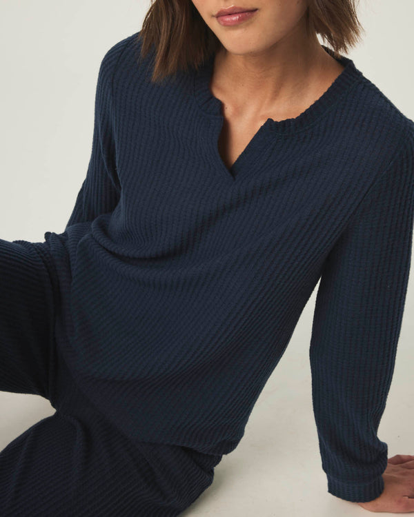 Splendid Navy Split Crewneck Waffle Knit Sleep Set
