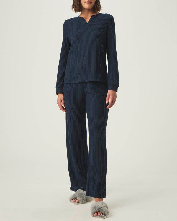 splendid Navy Split Crewneck Waffle Knit Sleep Set