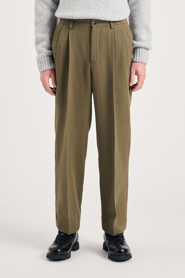 Sportivo Store Benn Relaxed Cavalry Cotton Wool Pleated Trouser Olive Night