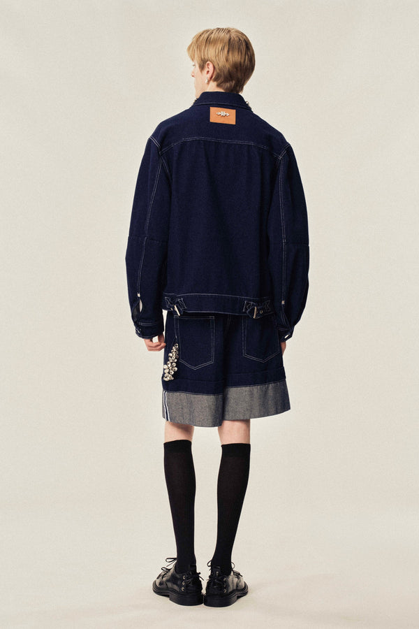 Sportivo Store Embellished Wide Leg Puddle Denim Shorts Indigo/ Clear