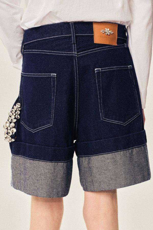 Sportivo Store Embellished Wide Leg Puddle Denim Shorts Indigo/ Clear