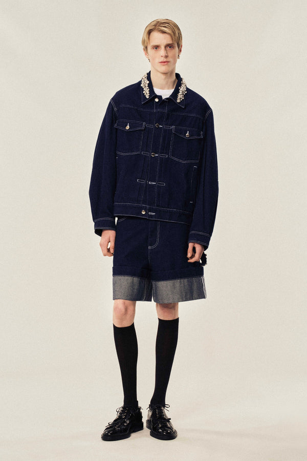 sportivo store Embellished Wide Leg Puddle Denim Shorts Indigo/ Clear