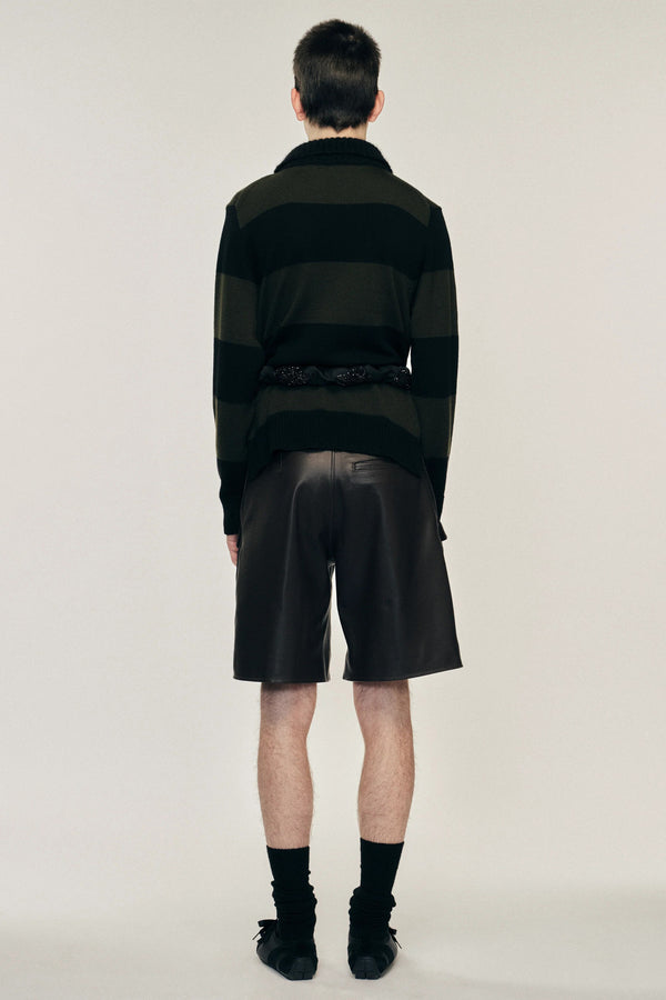 Sportivo Store Fuzzy Collar Striped Rugby Knit Jumper W/ EMB Khaki/ Black Jet