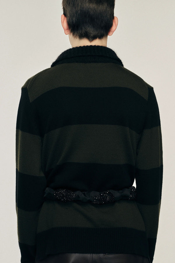 Sportivo Store Fuzzy Collar Striped Rugby Knit Jumper W/ EMB Khaki/ Black Jet