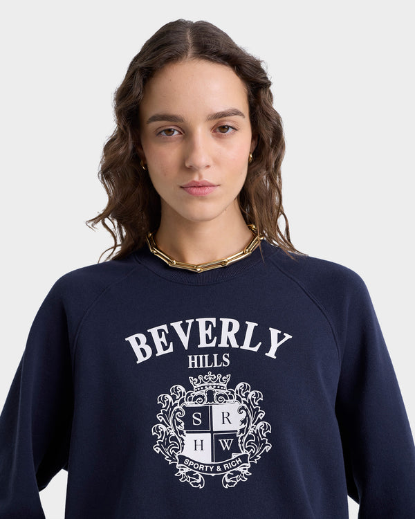 Sporty & Rich Beverly Hills Crest Soft Crewneck - Navy/White