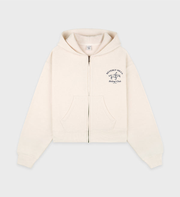 sporty & rich Beverly Hills Riding Club Soft Cropped Zip Hoodie - Cream/Navy