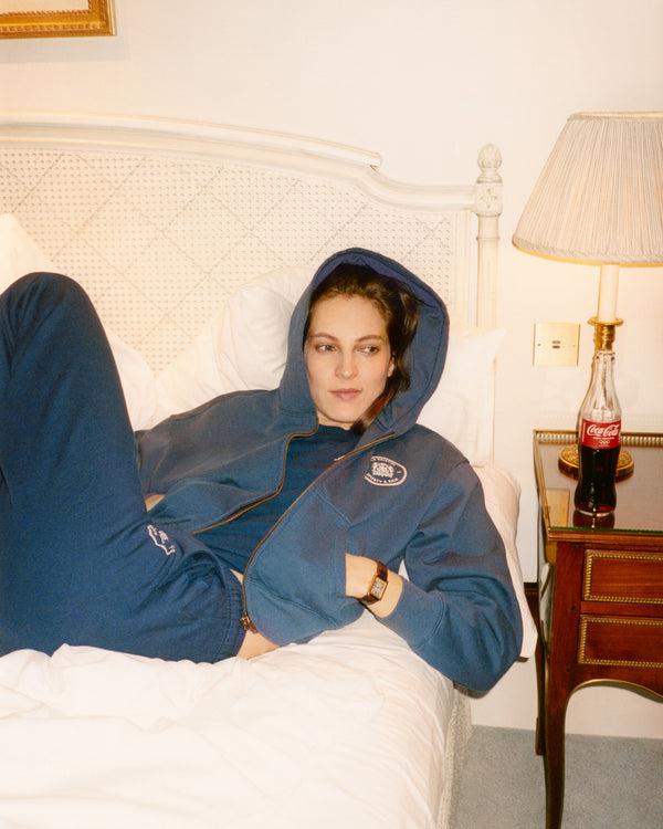 Sporty & Rich Bristol Crest 100th Cropped Zip Hoodie - Navy/Cream