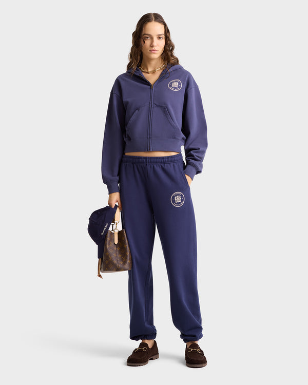 Sporty & Rich Bristol Crest 100th Cropped Zip Hoodie - Navy/Cream