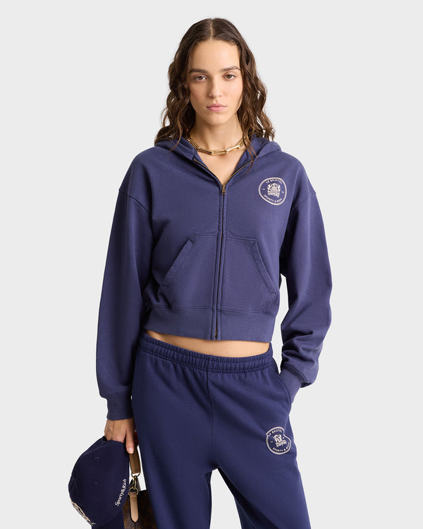 Sporty & Rich Bristol Crest 100th Cropped Zip Hoodie - Navy/Cream