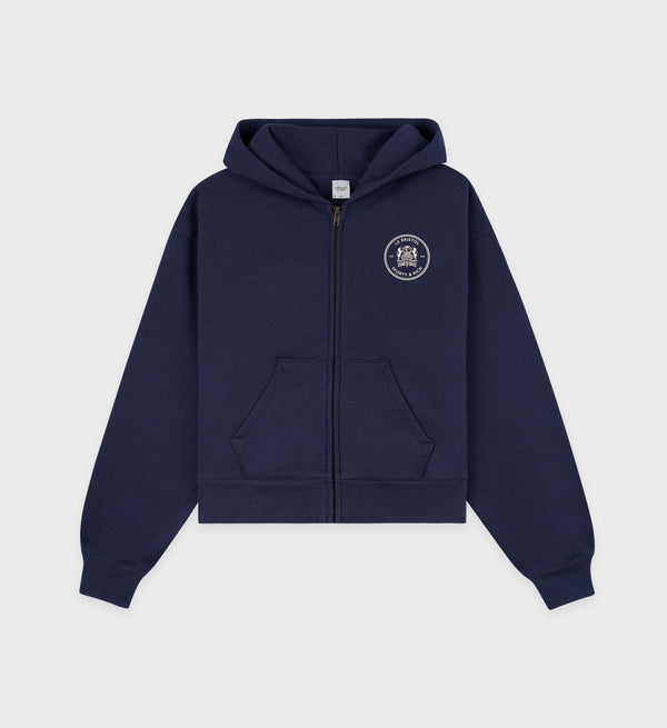 sporty & rich Bristol Crest 100th Cropped Zip Hoodie - Navy/Cream