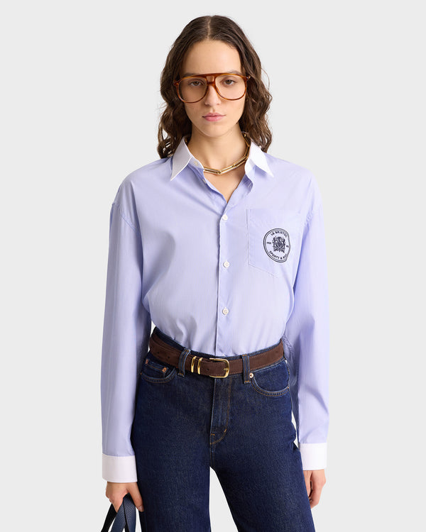 Sporty & Rich Bristol Crest Oversized Shirt - White/Navy Stripe