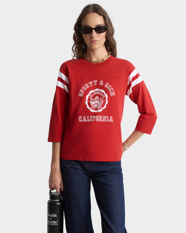 Sporty & Rich California Emblem Long Football Tee - Ruby/White