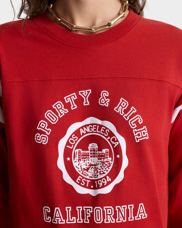 Sporty & Rich California Emblem Long Football Tee - Ruby/White