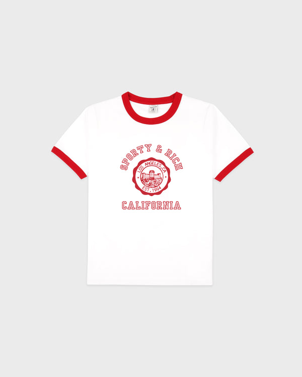 sporty & rich California Emblem Ringer Tee - White/Ruby