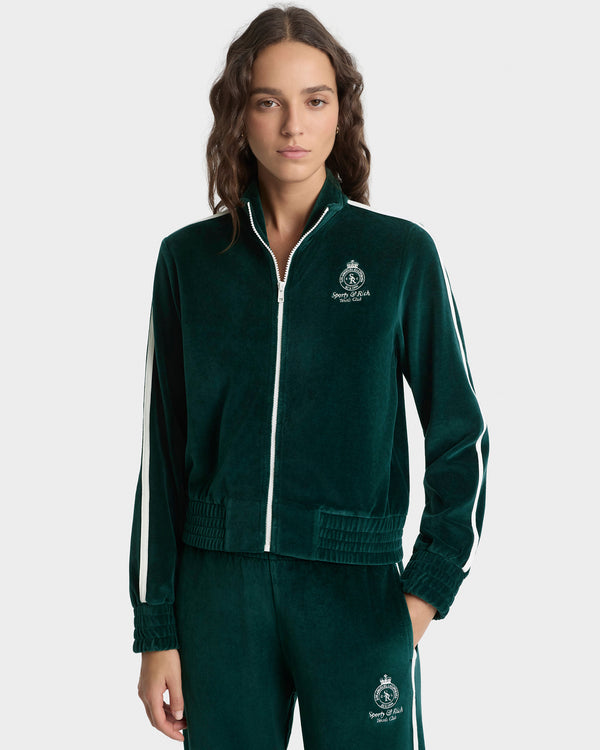 Sporty & Rich Crown Tennis Elio Velour Track Jacket - Forest/Ecru