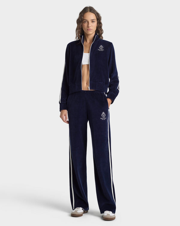 Sporty & Rich Crown Tennis Elio Velour Track Jacket - Navy/Ecru