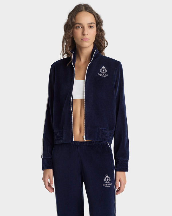 Sporty & Rich Crown Tennis Elio Velour Track Jacket - Navy/Ecru