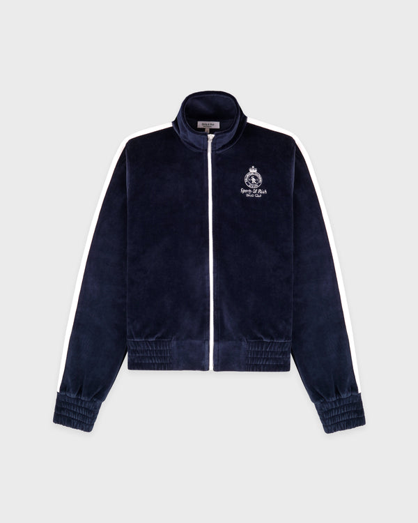 sporty & rich Crown Tennis Elio Velour Track Jacket - Navy/Ecru