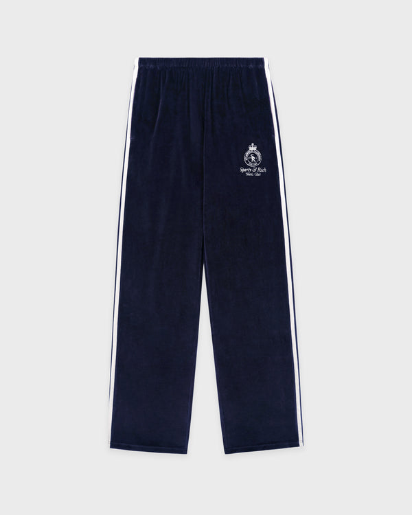 sporty & rich Crown Tennis Velour Sweatpant - Navy/Ecru