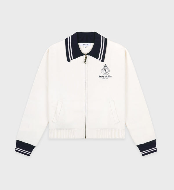 sporty & rich Crown Tennis Zipped Cardigan - Off White/Navy
