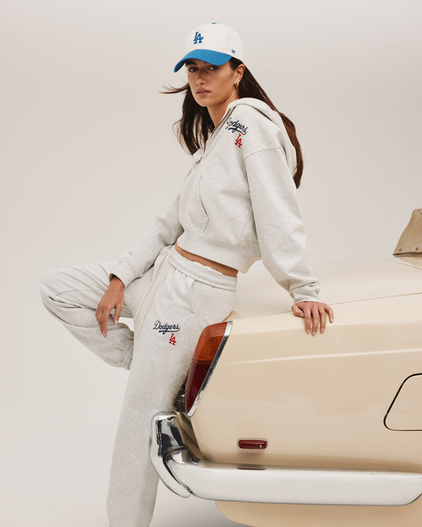 Sporty & Rich Dodgers Serif Cropped Zip Hoodie - Heather Gray/Navy