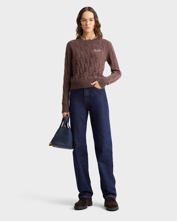 Sporty & Rich Faubourg Cableknit Wool Cashmere Crewneck - Chocolate/Cream